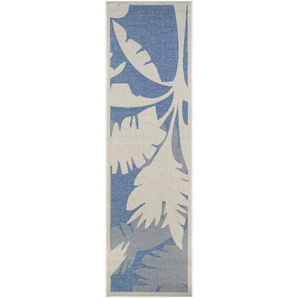 Couristan Monaco Coastal Flora Ivory-Sapphire 2 ft. x 8 ft. Indoor/Outdoor Runner Rug