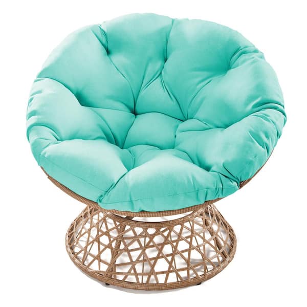 Sudzendf Brown Wicker Outdoor Lounge Chair Papasan Chair with Aqua Blue Cushion and 360° Swivel Base, Large Saucer Chair