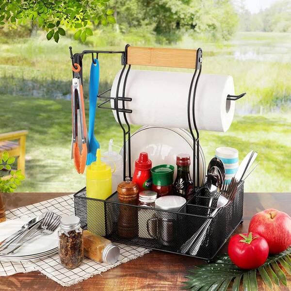 Grill Caddy with Paper Towel Holder, BBQ Caddy for Outdoor Camping Picnic,  Utensil Caddy for Griddle Grilling Tool, Barbecue Condiment Accessories  Storage Organizer with Handle, Patio Camper Must Have