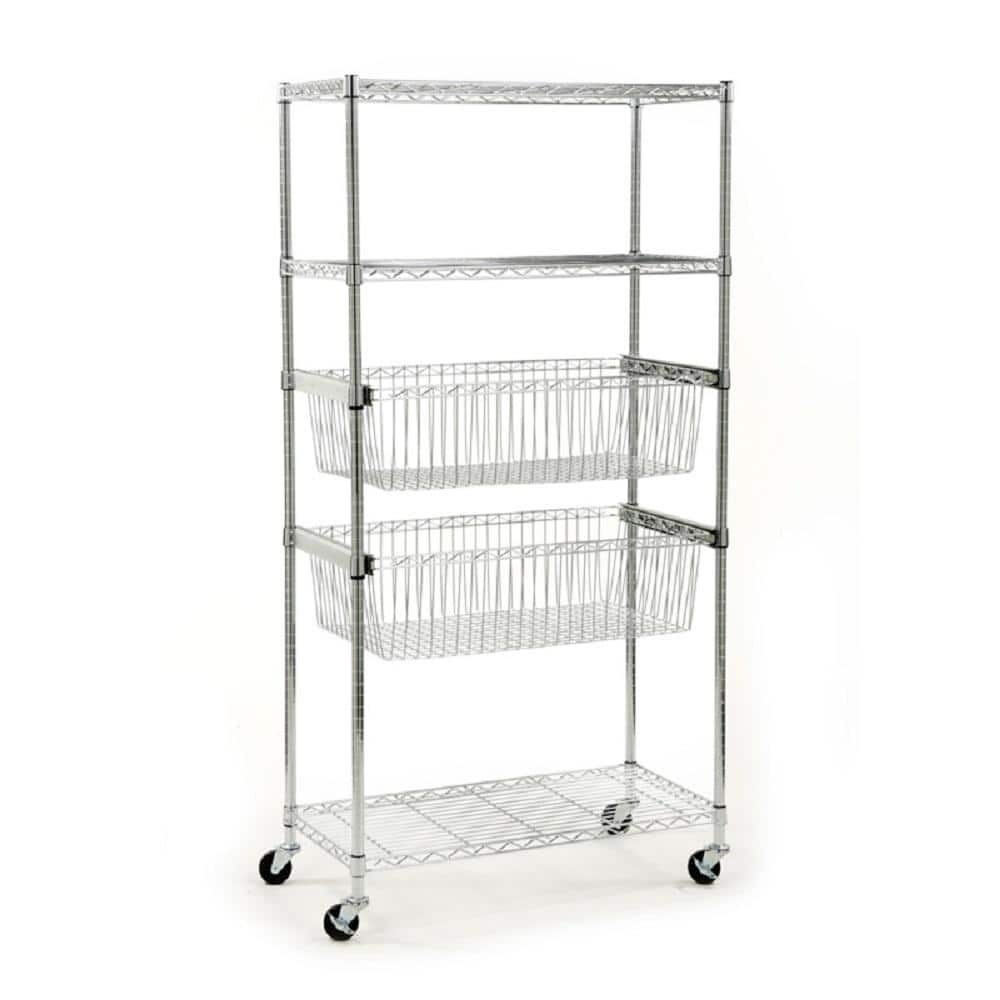 HDX Chrome 5 Tier Steel Wire Shelving Unit With Baskets 36 In W X 71   Chrome Hdx Freestanding Shelving Units Eh Wsthdus 017 64 1000 