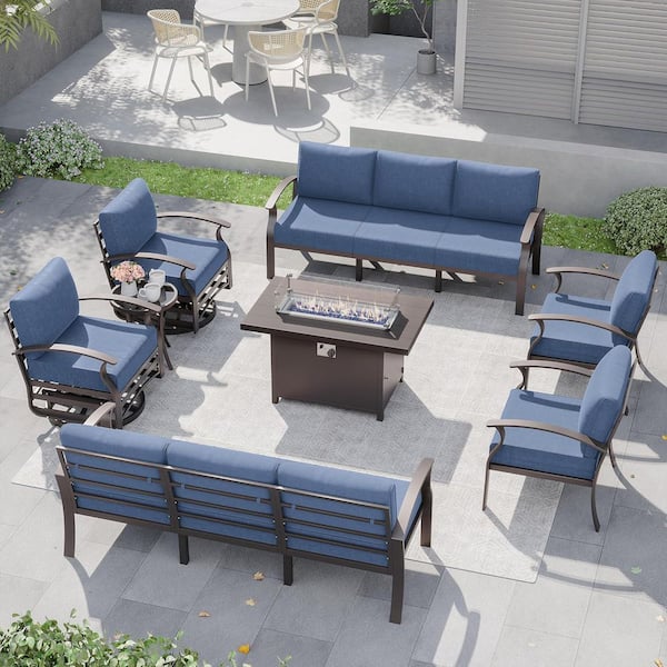 Halmuz 10-Seat Aluminum Patio Fire Pit Set with armrest, Swivel Rocking Chairs, Coffee Table and NavyBlue Cushions