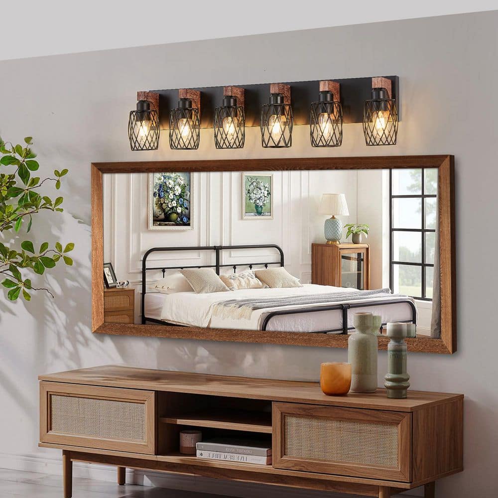 38 in. Industrial Black Cage Vintage 6-Light Wall Sconce with Wooden Accents for Bathroom, Hallway (Bulb Not Included) price history on PriceWatchPro