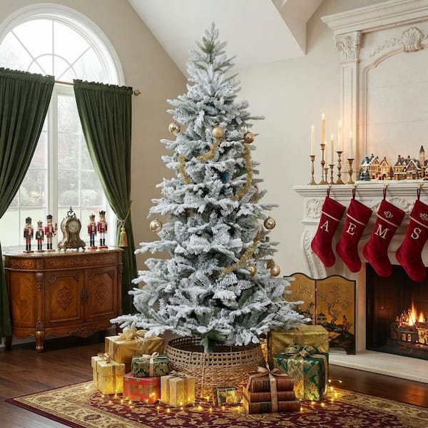 7.5 ft Frosted Christmas Tree Artificial Foliage with Realistic Branches, Wide Full Spruce Holiday Decor, Easy Assembly