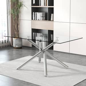 Large Modern Rectangular Clear Glass Dining Table 71 in. Silver Cross Legs Table Base Type Dining Table Seats 6