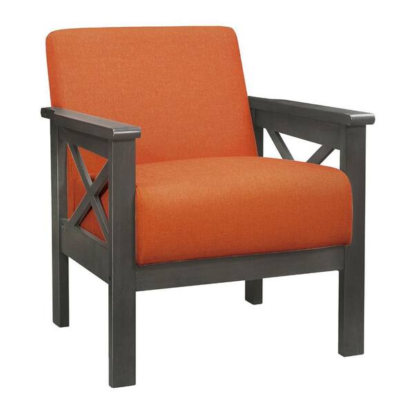 Benjara Gray and Orange Polyester Arm Chair with Textured Cushions