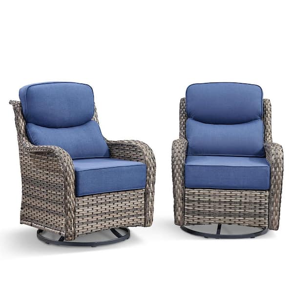 2-Piece Gray PE Wicker Paito Outdoor Rocking Chair Swivel with 6 in. Olefin Blue Cushions