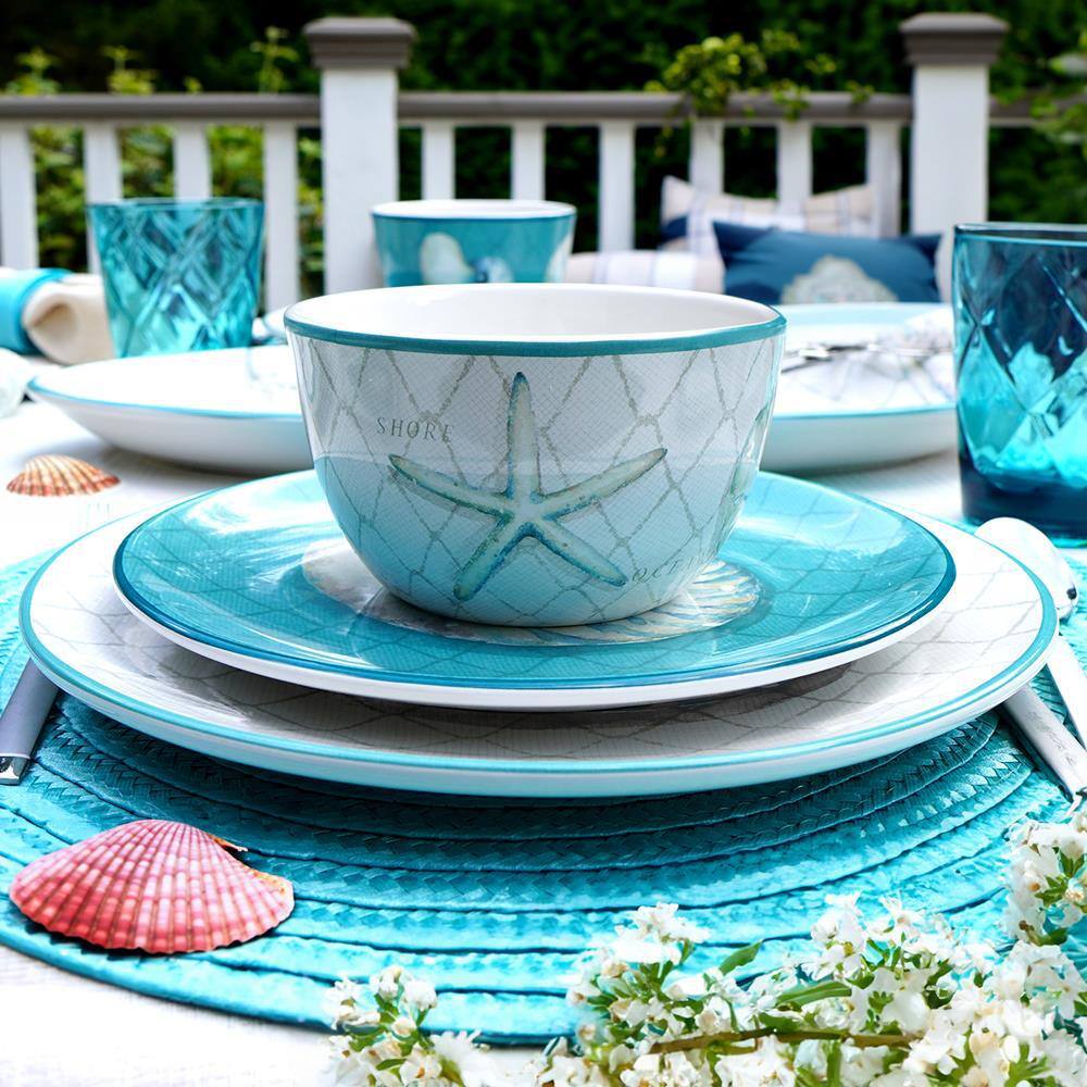 Ocean View Teal and Cream Ceramic Dessert Bowls, Set of 4