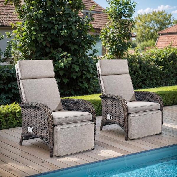 PlainCurve 2-Piece Brown Wicker Outdoor Patio Adjustable Recliner Chair with Beige Cushions