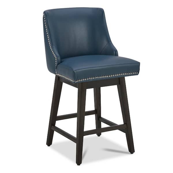 Martin 26 in. Blue High Back Solid Wood Frame Swivel Counter Height Bar Stool with Faux Leather Seat(Set of 2)
