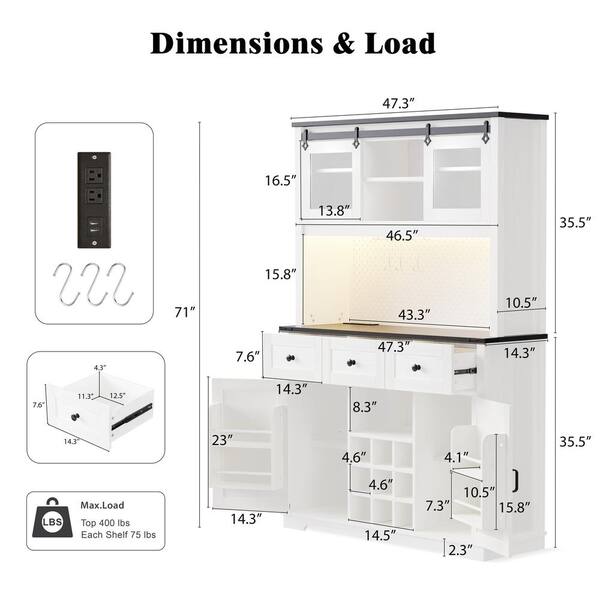 47" Tall Farmhouse Kitchen Pantry - Barn Doors, Adjustable Shelves, Drawer, White Storage Cabinet