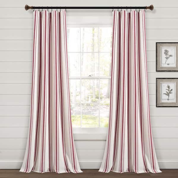 Farmhouse Stripe 42W x 95L Yarn Dyed Eco-Friendly Recycled Cotton Light Filtering Window Curtain Panels in Red Set
