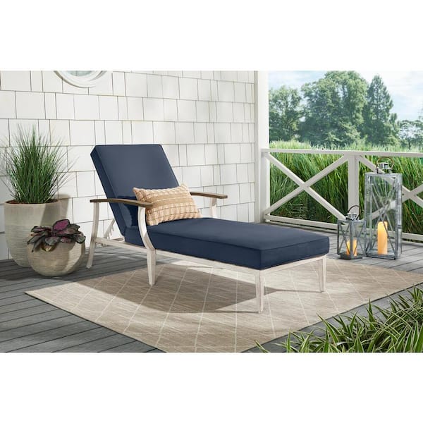 Hampton Bay Marina Point White Steel Outdoor Patio Chaise Lounge with CushionGuard Sky Blue Cushions