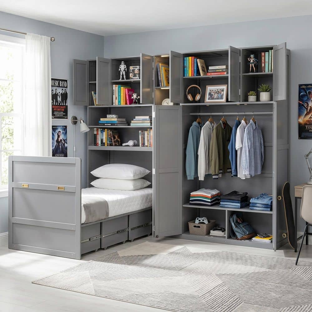 Gray Wood Frame Twin Size Murphy Bed with Wardrobe and Storage Shelves, 5-Tier LED Display Shelves, Overhead Cabinets price history on PriceWatchPro