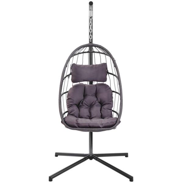 TIRAMISUBEST 1-Person Wicker Hanging Chair Egg Chair Patio Swing with Gray Cushion