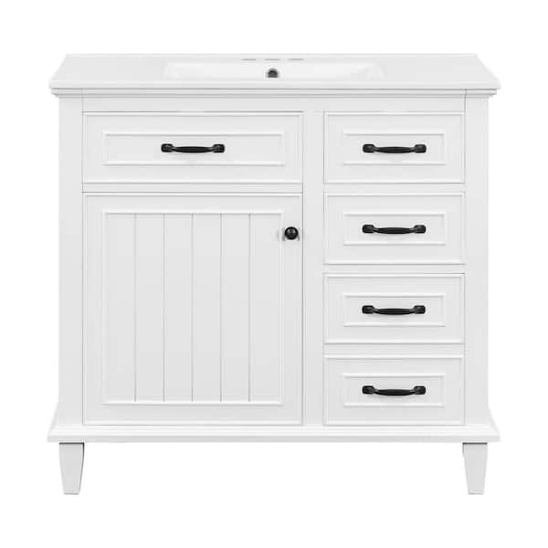 36 in. Single Sink Freestanding White Bath Vanity with White Ceramic Sink Top, Solid Wood Frame Storage Cabinet
