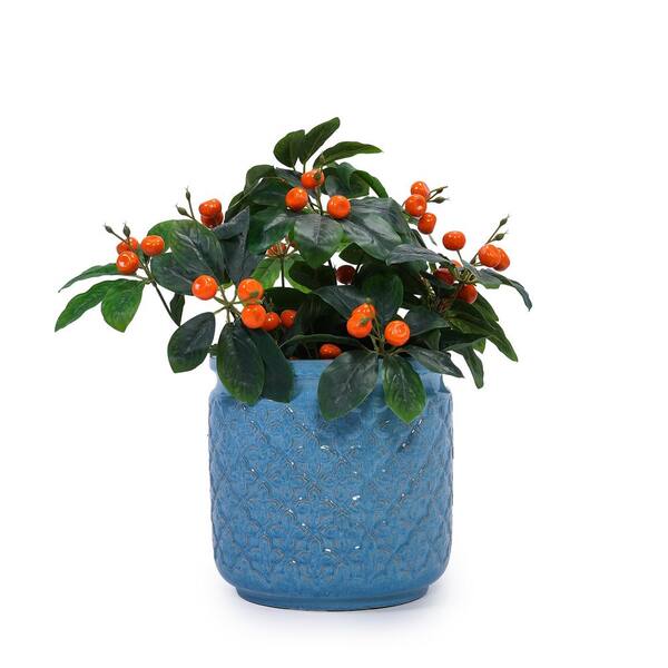 Large Antique Blue Ceramic Outdoor Planter Flowerpot with Drainage