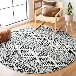 Tulum Ivory/Black 7 ft. x 7 ft. Round Tribal Geometric Striped Area Rug