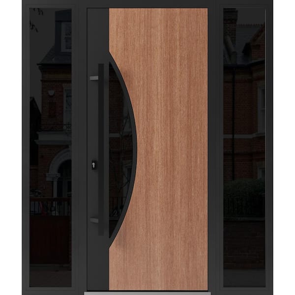 VDOMDOORS 1077 60 in. x 80 in. Right-hand/Inswing 2 Sidelight Tinted Glass Teak Steel Prehung Front Door with Hardware