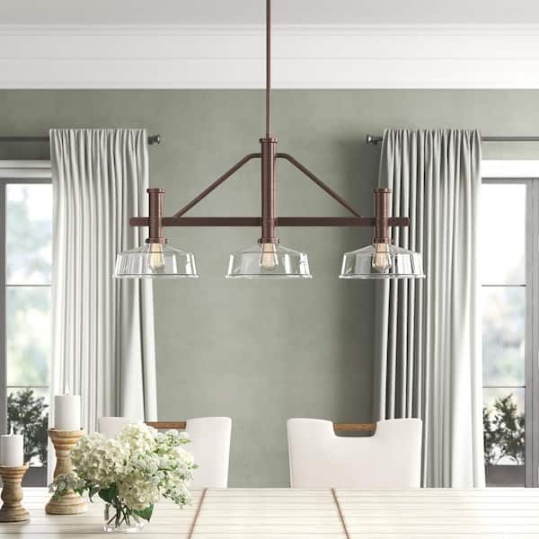 Carson 3-Light Satin Copper Bronze Farmhouse Linear Chandelier for Kitchen Islands with No Bulbs Included