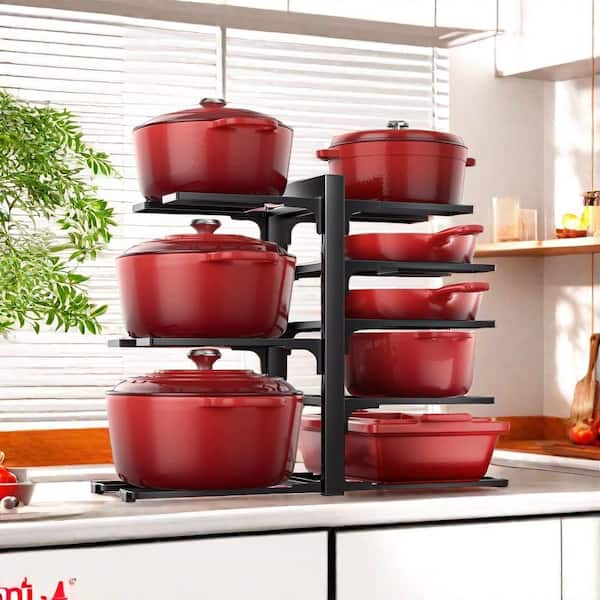 Numhew 8-Tier 15.94 in. H Black Heavy Duty Iron Adjustable Standing Pot Rack, Pots and Pans Organizer with 2-DIY Methods