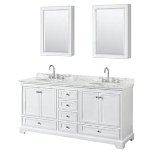Deborah 72 in. Double Vanity in White with Marble Vanity Top in White Carrara with White Basins and Medicine Cabinets