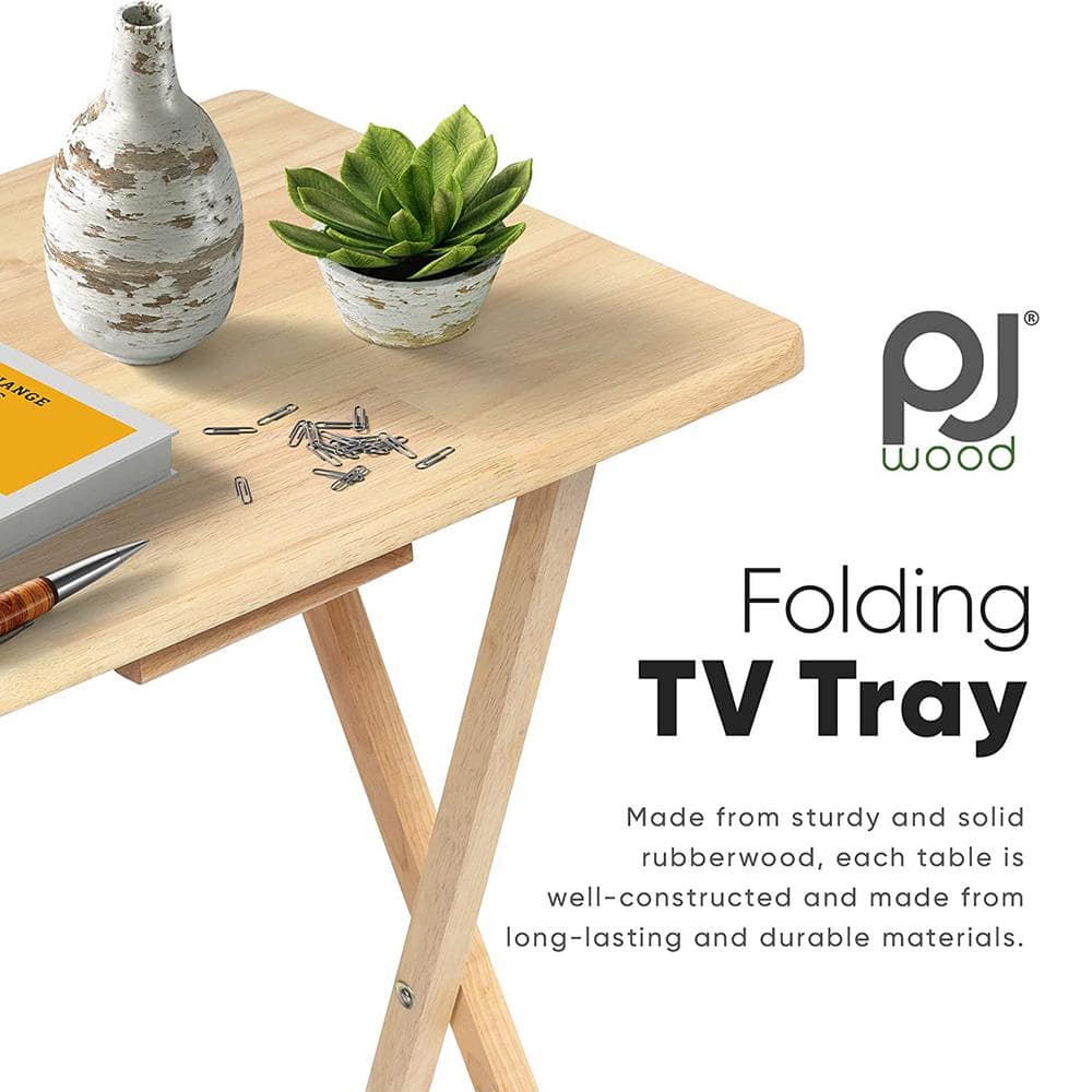 Natural Solid Wood Folding TV Tray Table Set with Storage Rack, 10-Piece
