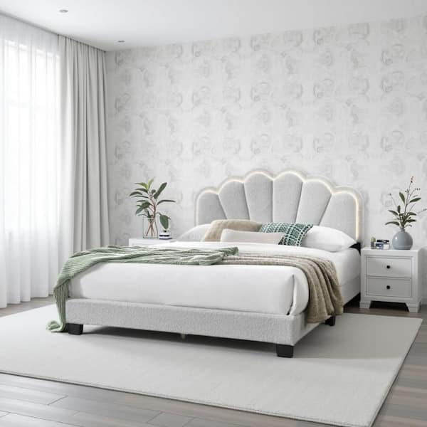 Geny White and Black Wood Frame Queen Size Panel Bed with Glam Arch and LED