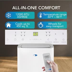 8,000 BTU (12,000 BTU ASHRAE) Portable Air Conditioner Cools 450 sq. ft. with Dehumidifier, Remote, and Filter in White