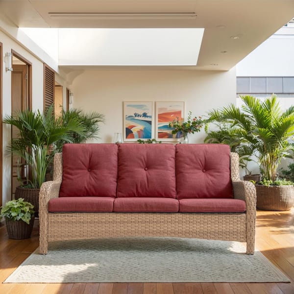 moosprr 3-Seat Yellow PE Wicker Outdoor Couch with Red Cushions and Curved Arm Design