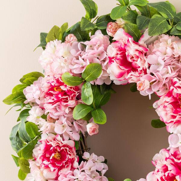 Glitzhome 24 in. D Pink Hydrangea, Peony and Cherry Artificial