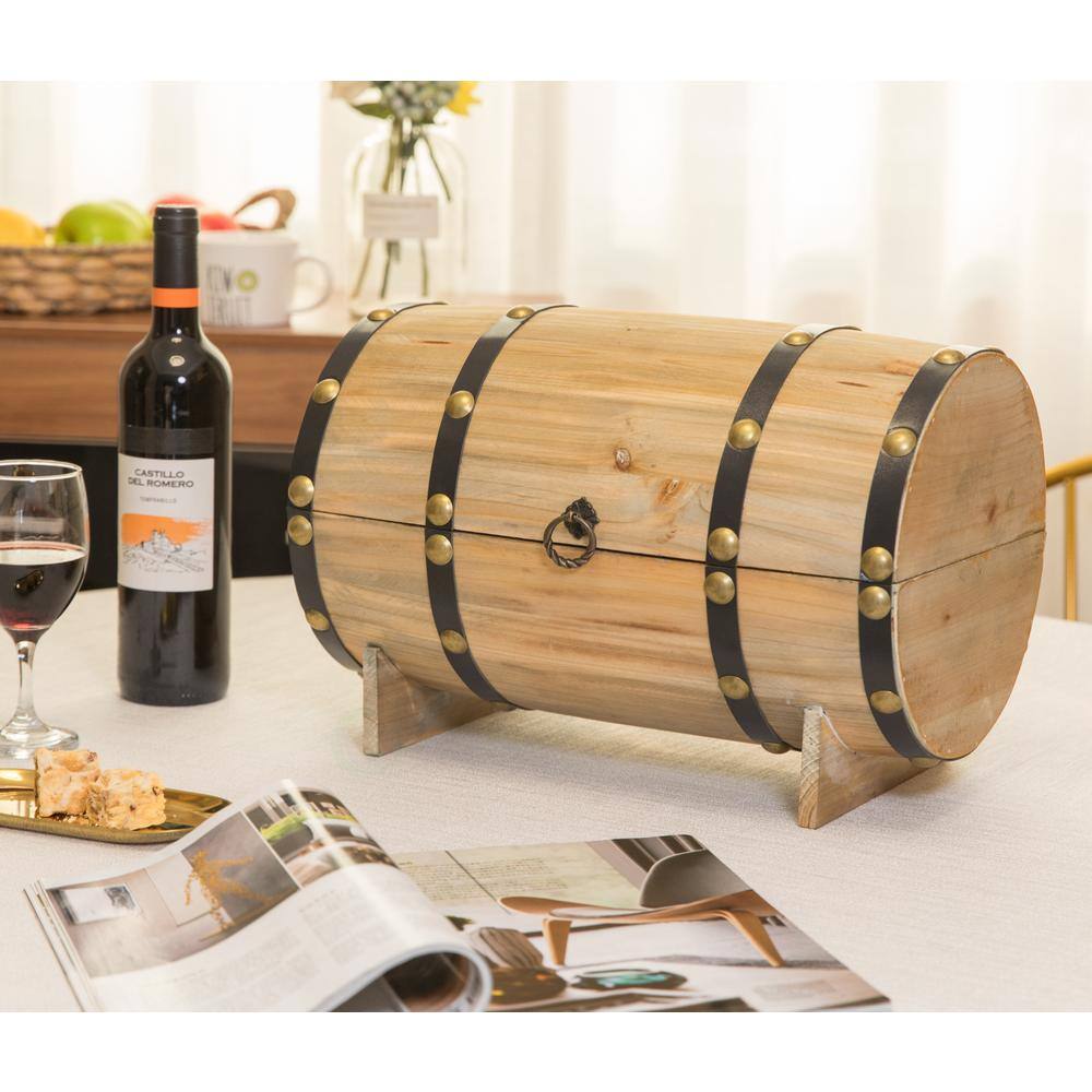 Natural Wooden Wine Barrel Shaped Treasure Chest Wine Holder