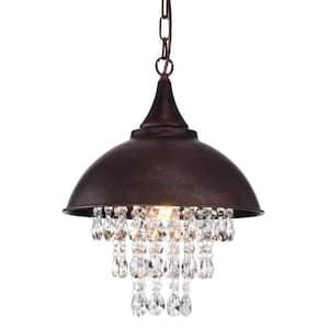 1-Light Rustic Antique Copper Dome Modern Farmhouse Pendant with Hanging Crystals
