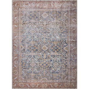 Mair 9 ft. X 12 ft. Brown, Off White, Blue, Mustard Traditional Persian Distressed Style Machine Washable Area Rug