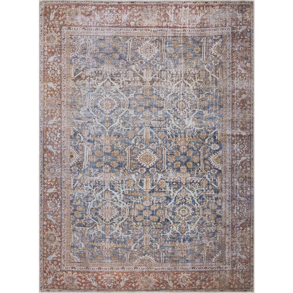 HAUTELOOM Mair 9 ft. X 12 ft. Brown, Off White, Blue, Mustard Traditional Persian Distressed Style Machine Washable Area Rug
