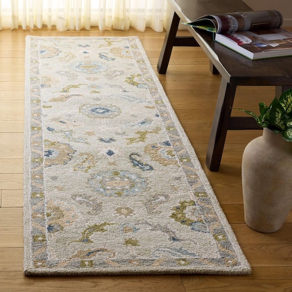 Metro 2 ft. x 8 ft. Beige/Blue Geometric Ornate Border Runner Rug