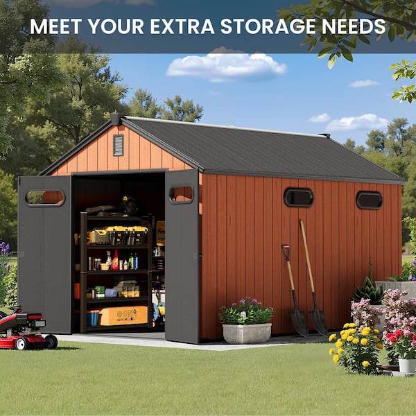 8 ft. W x 12 ft. D Outdoor Resin Storage Shed in Brown Plastic Resin Tool Shed with Floor and Lockable Door (96 sq. ft.)