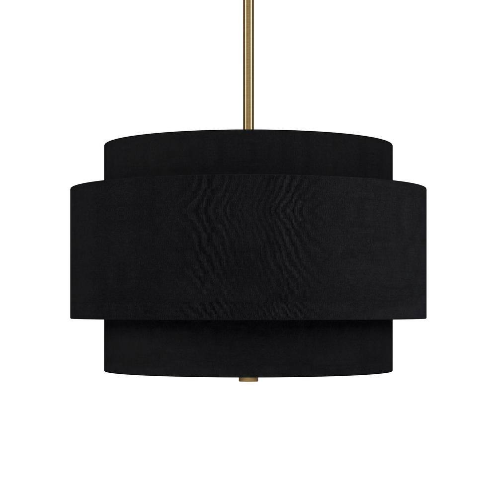 Brass and Black Double Drum Pendant Light with Fabric Shade