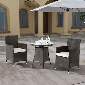 3-Piece Wicker Outdoor Dining Set with White Cushions