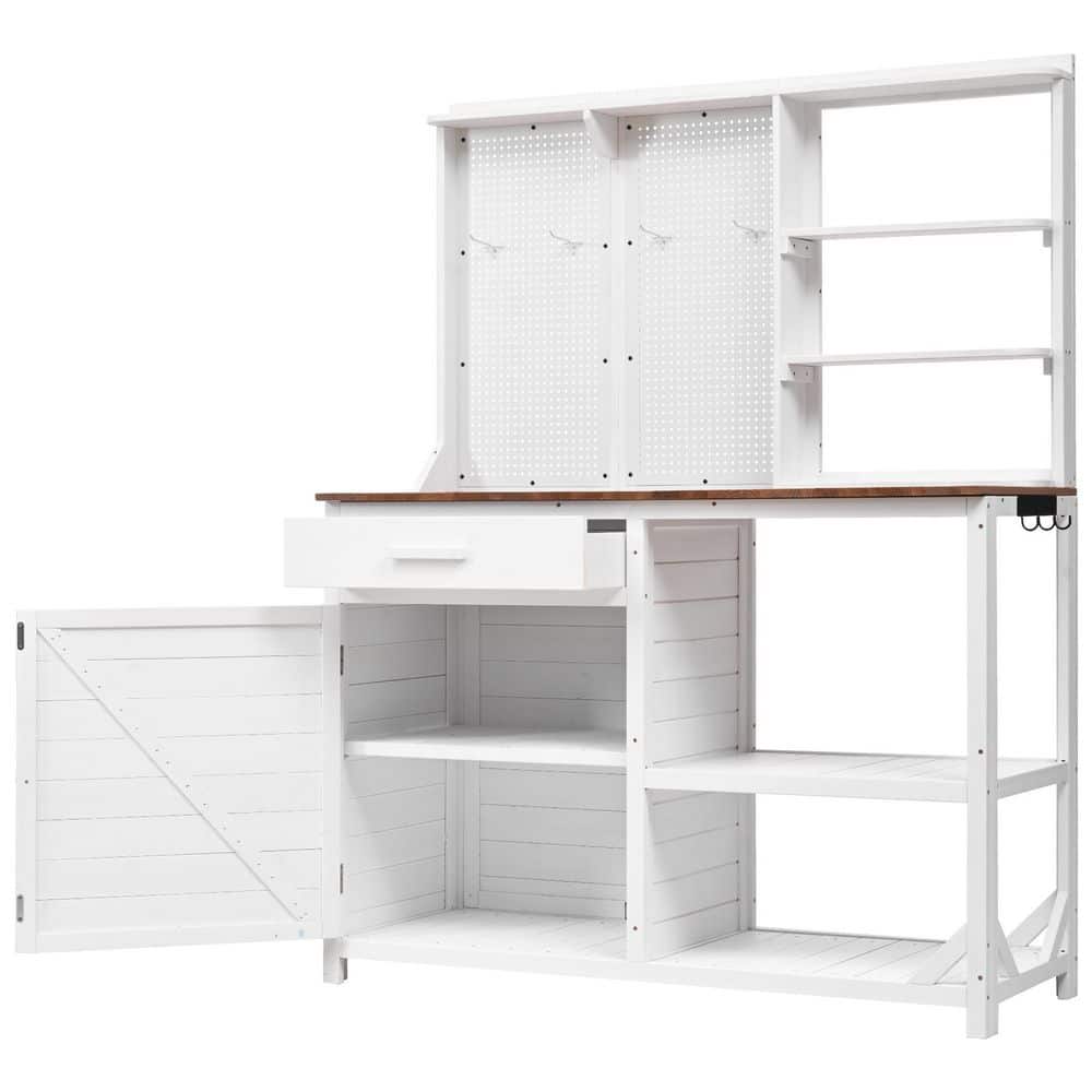 White Fir Wood Potting Bench with 4 Shelves and Adjustable Storage