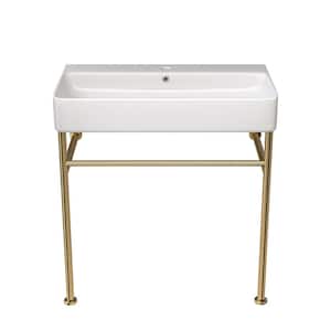 35 in. Ceramic White Single Console Sink Basin and Legs Combo with Overflow Hole and Gold Leg