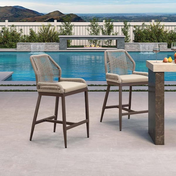 PURPLE LEAF Modern Aluminum Twill Wicker Woven Bar Height Outdoor Bar Stool with Back and Sunbrella Taupe Cushion (2-Pack)