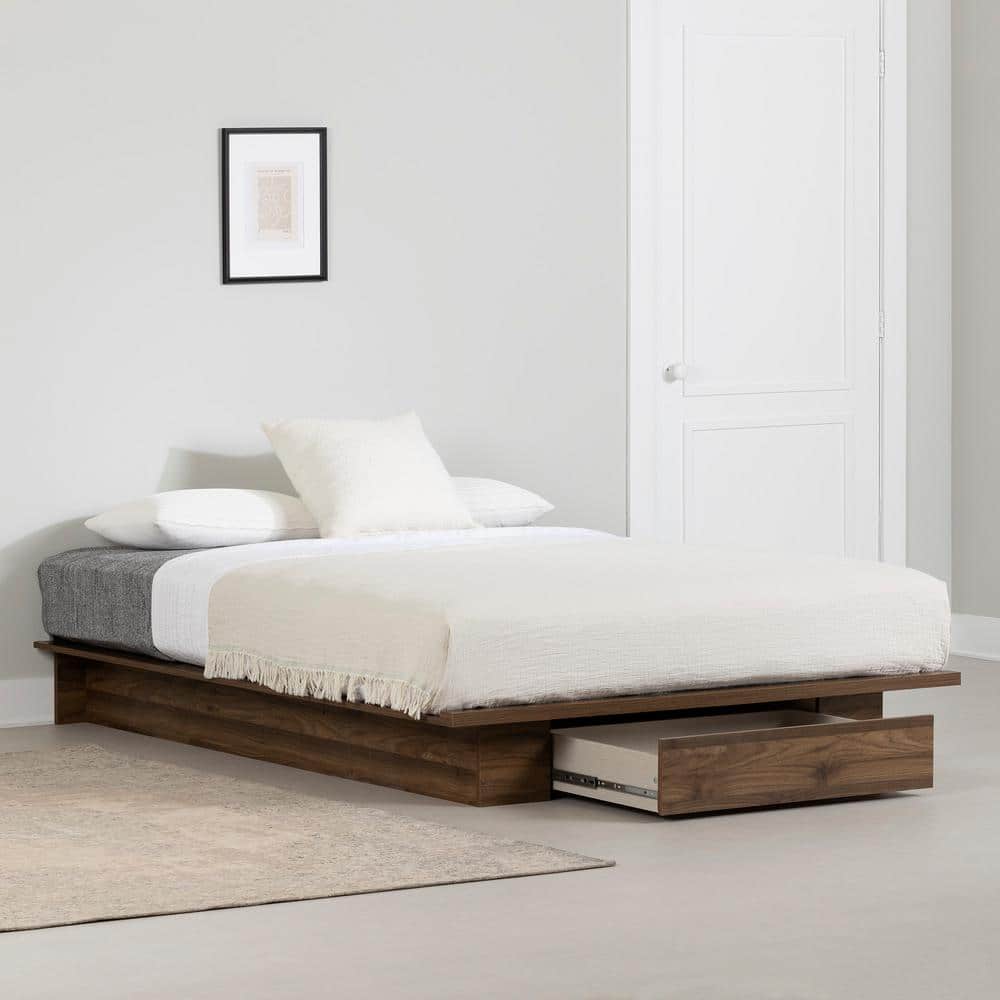 Queen Natural Walnut Wood Platform Bed with Storage Drawer