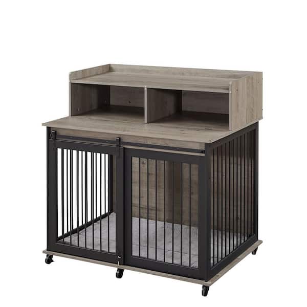 Miscool Anky Furniture Style Dog Cage Iron Frame Door with Cabinet, Top Can be Opened and Closed in Gray