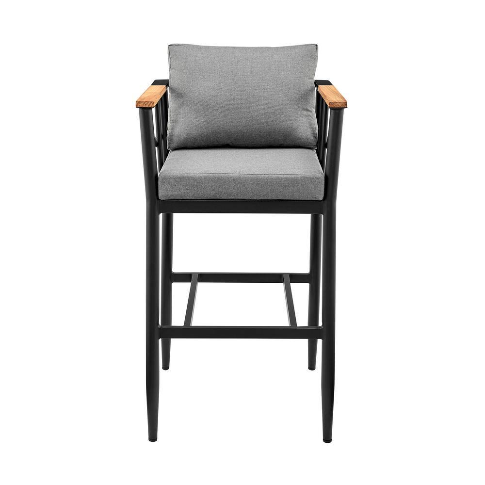 Gray Aluminum and Teak Outdoor Bar Stool with Cushions