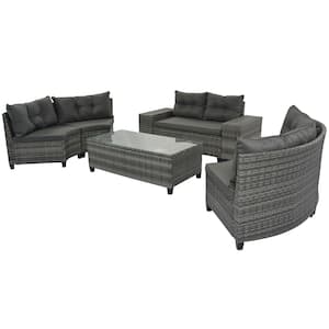 GO 8-pieces Wicker Outdoor Sectional Set with Gray Movable Cushions, Curved Sofa Set with Rectangular Coffee Table