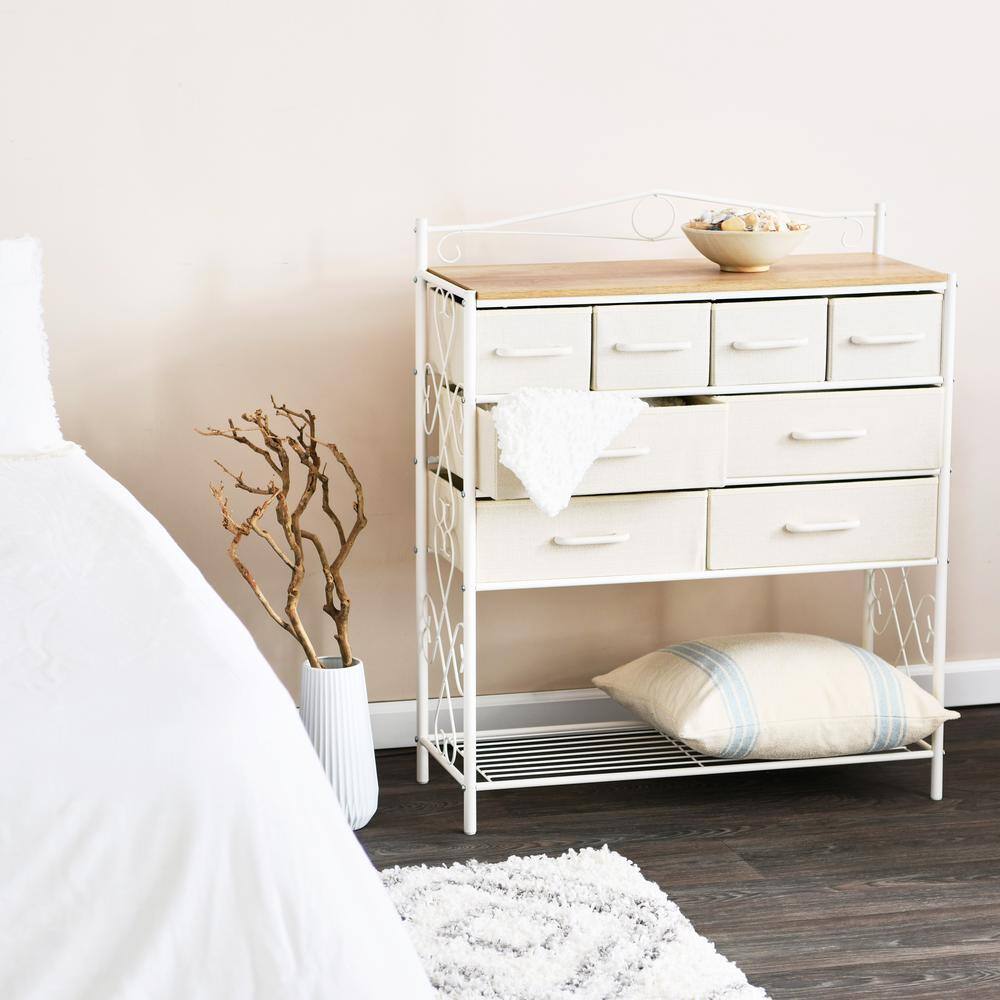 Coastal Oak White Metal Frame 8-Drawer Dresser with Storage Rack