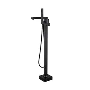 2-Handle Claw Foot Freestanding Tub Faucet with Hand Shower Floor Mount Bathtub Faucet in Matte Black