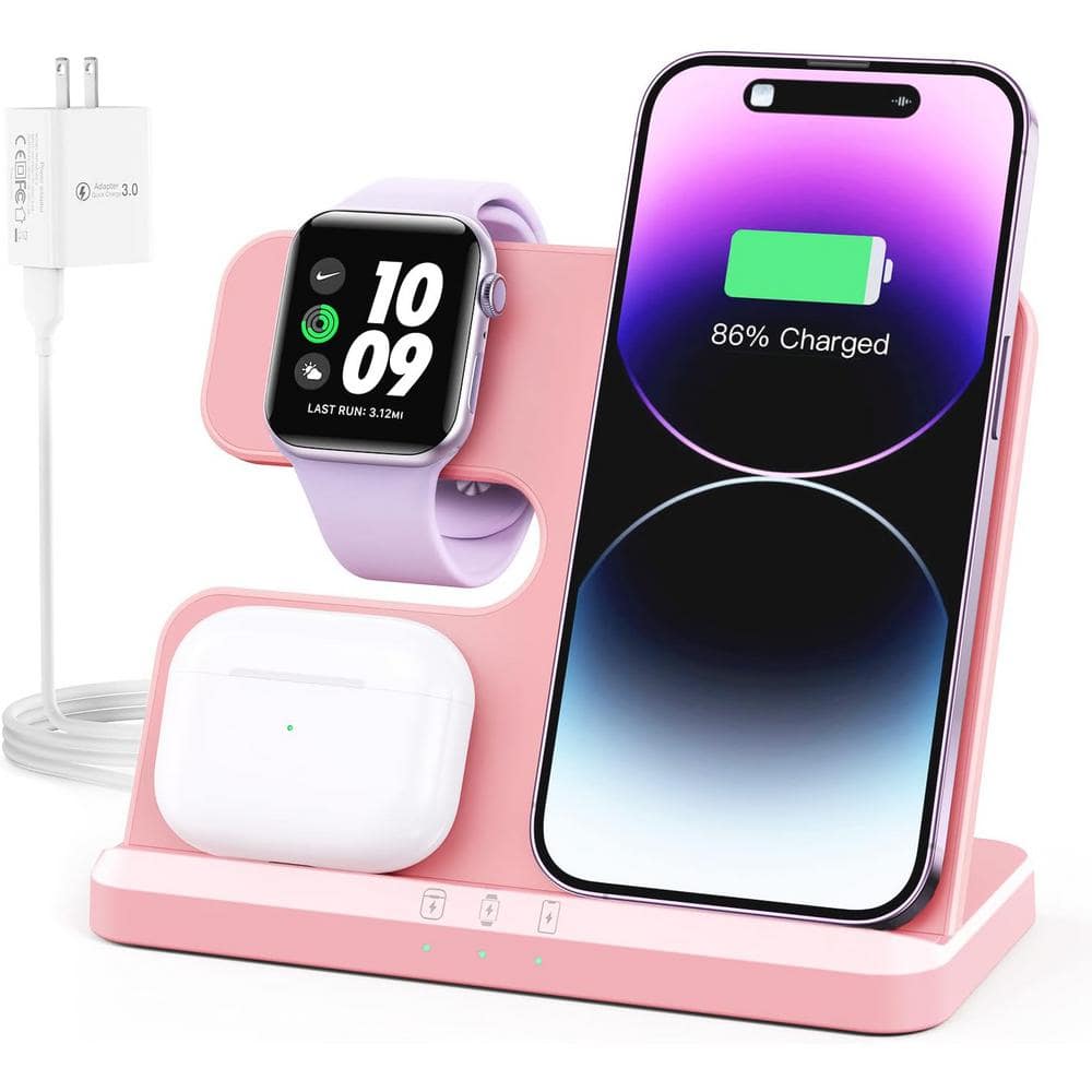 3 in 1 Pink Wireless Charging Station Wireless Charger for iPhone/Android,  Smart Watch and Airpods