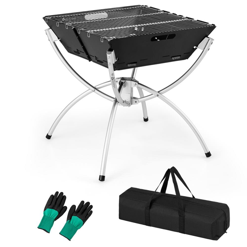 3-in-1 Portable Charcoal Grill Folding CAmping Fire Pit in Black with Carrying Bag and Gloves Coffee -  Costway, A1Q211403DK