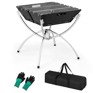 3-in-1 Portable Charcoal Grill Folding CAmping Fire Pit in Black with Carrying Bag and Gloves Coffee